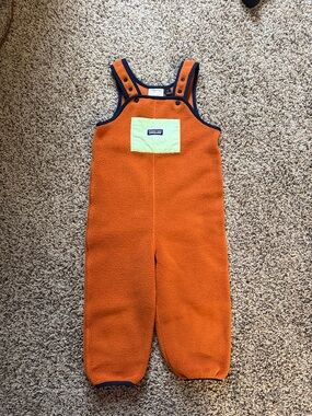 Patagonia Kids’ Synchilla Orange Fleece Overalls with Lime Pocket Size 3T